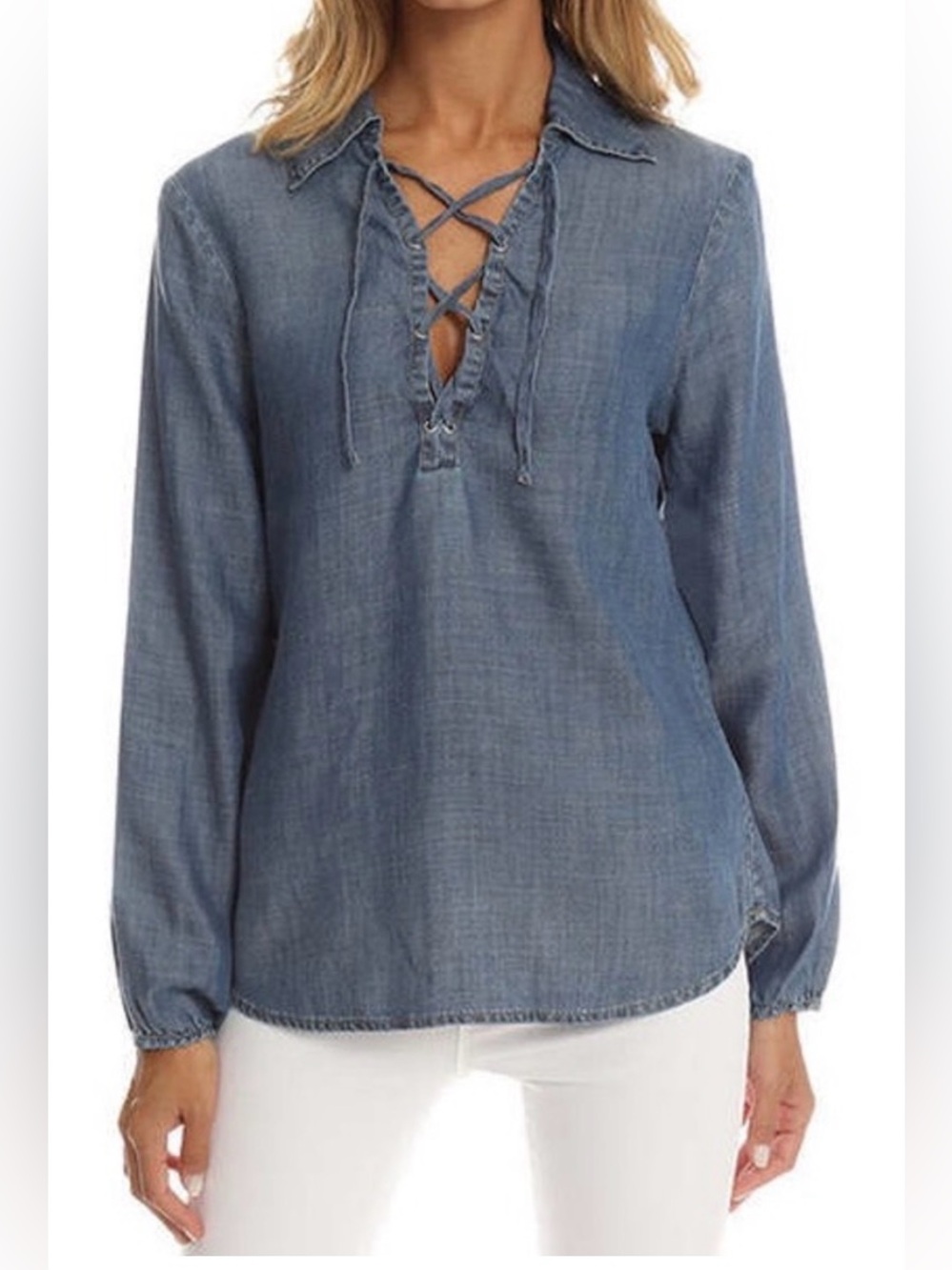 Frame Hadley Chambray Denim Lace Up Top Size Medium EUC